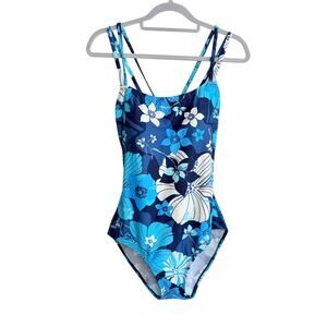 Speedo Womens Size 14 One-Piece Swimsuit Blue Tropical Floral Multi-Strap Padded